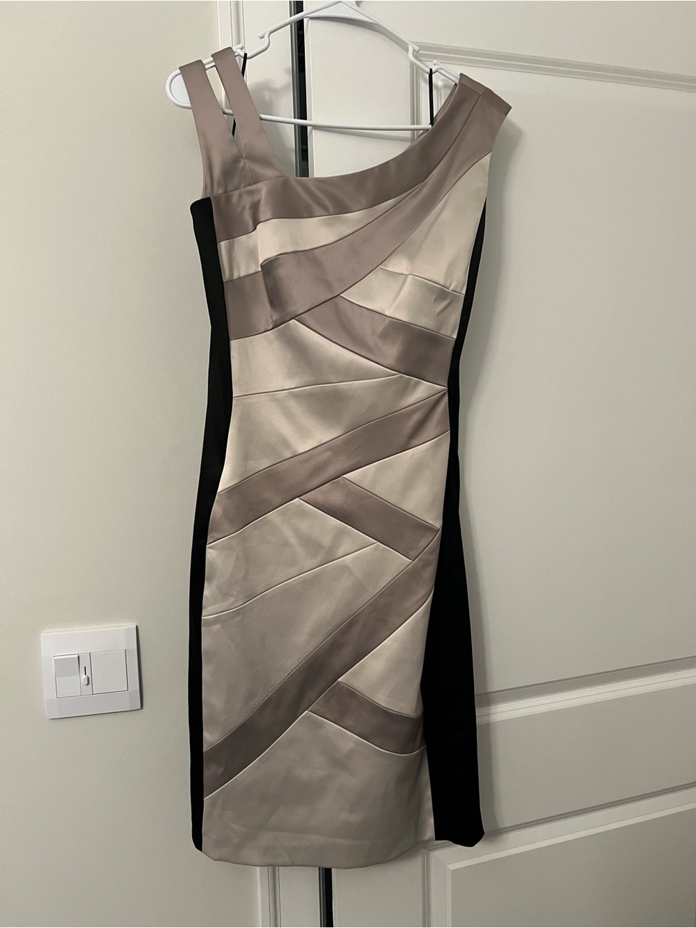 Signature by Sangria Taupe, Cream & Black One-Shoulder Sheath Dress
